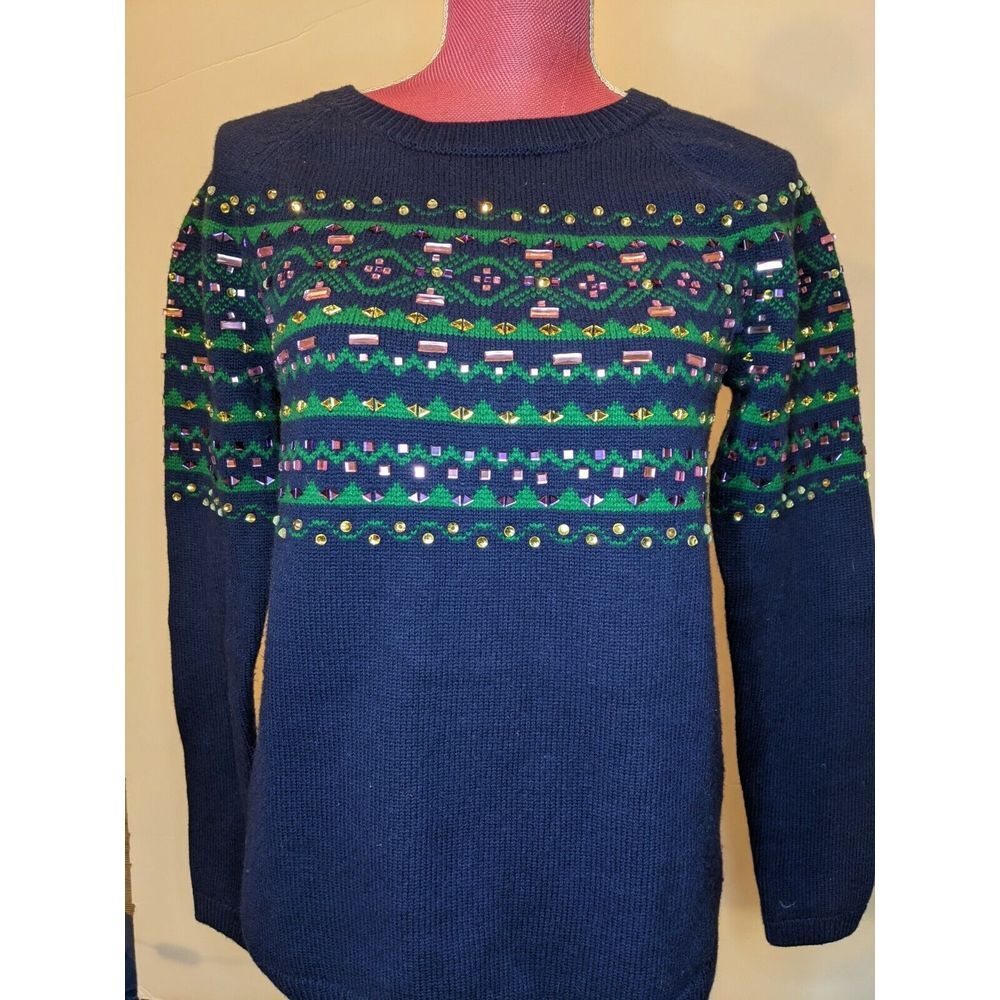 Women' Talbots Lambswool Blend Blue Green Jewel Embellished Sweater, Medium